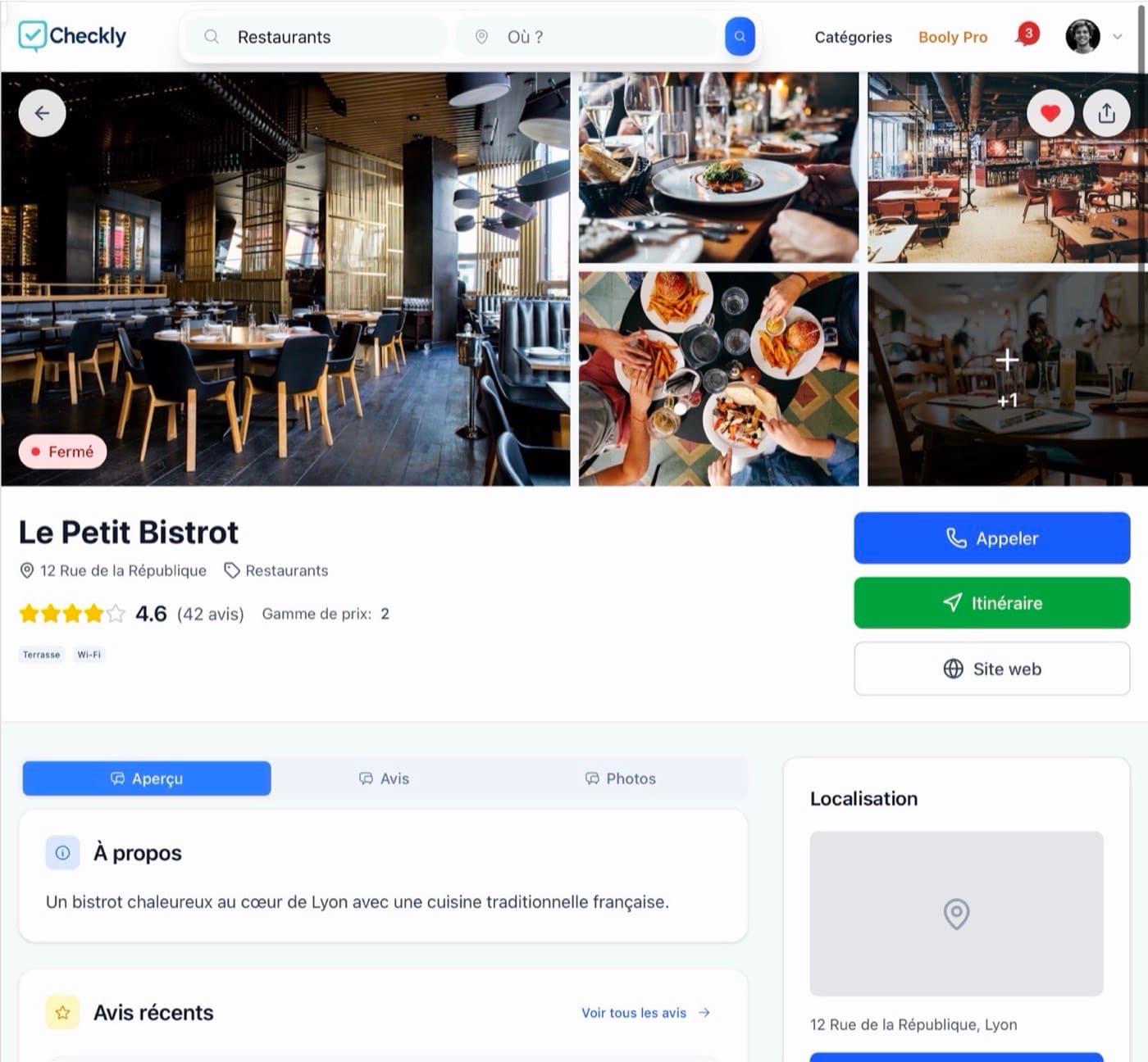 Page publique d'un commerce sur Checkly